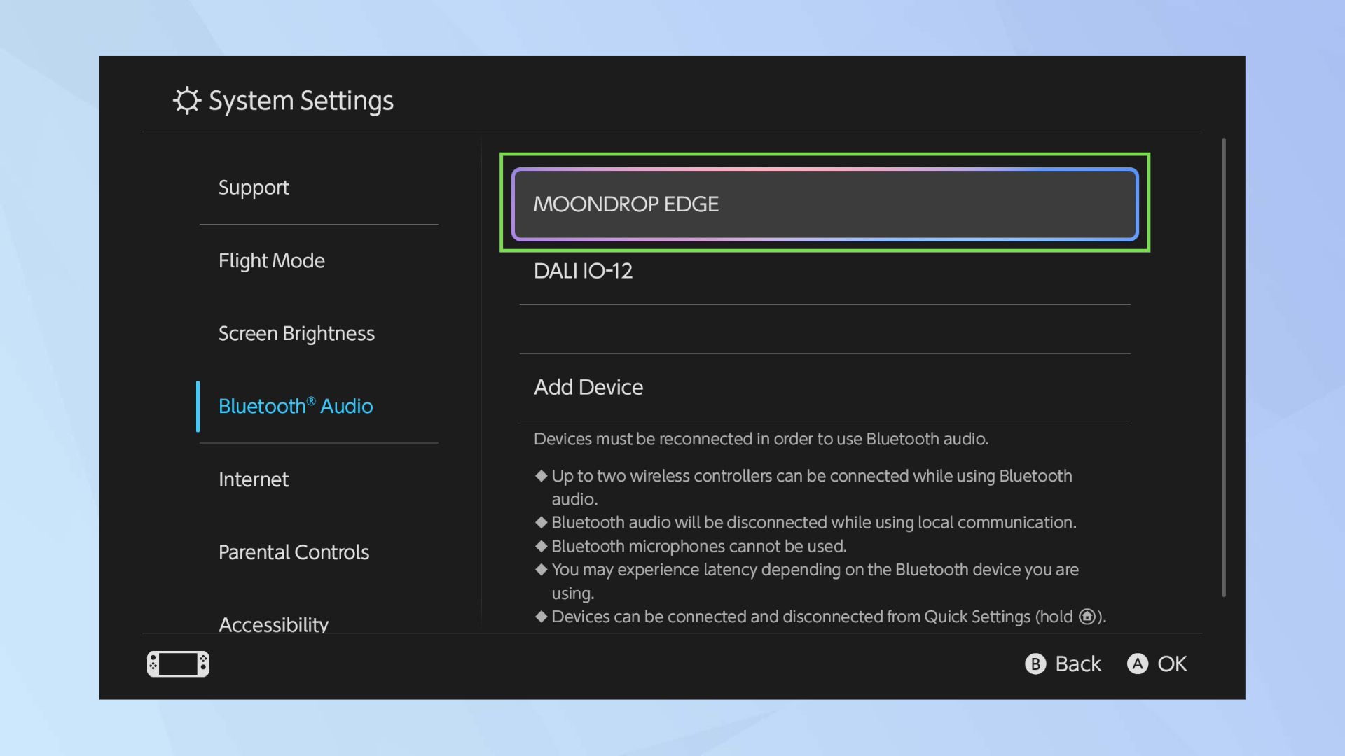 Selecting the headphones for removal in the Switch 2 settings menu