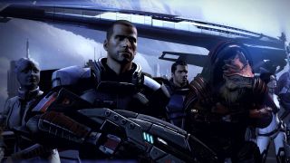 Commander Shepard, holding a large futuristic gun, is standing with the rest of his spaceship squad. From left to right: Liara (blue alien with short slicked back tentacle-like hair), Kaidan (a male human officer with short black hair), Wrex (large large reptilian bipeds species), and Miranda (a female human office with shoulder-length black hair). In the background there is their sleek-looking spaceship the SSV Normandy SR-1.