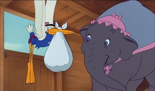 Stork delivering Dumbo to Mrs. Jumbo