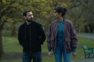 Fear's Martyn and Rebecca Berwick walking in a park talking