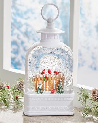 Cardinals on Fence LED Glitter Lantern