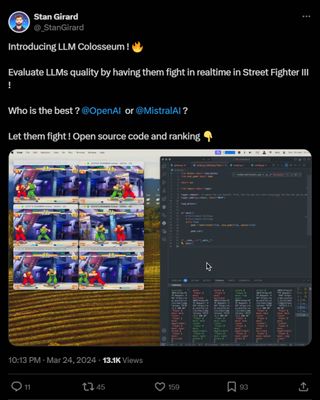A screenshot of a computer running two LLMs, using them to run multiple instances of Street Fighter III and fight against each other