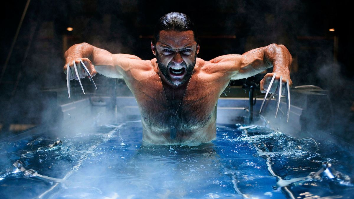 Hugh Jackman&#039;s Wolverine popping claws as he emerges from water tank