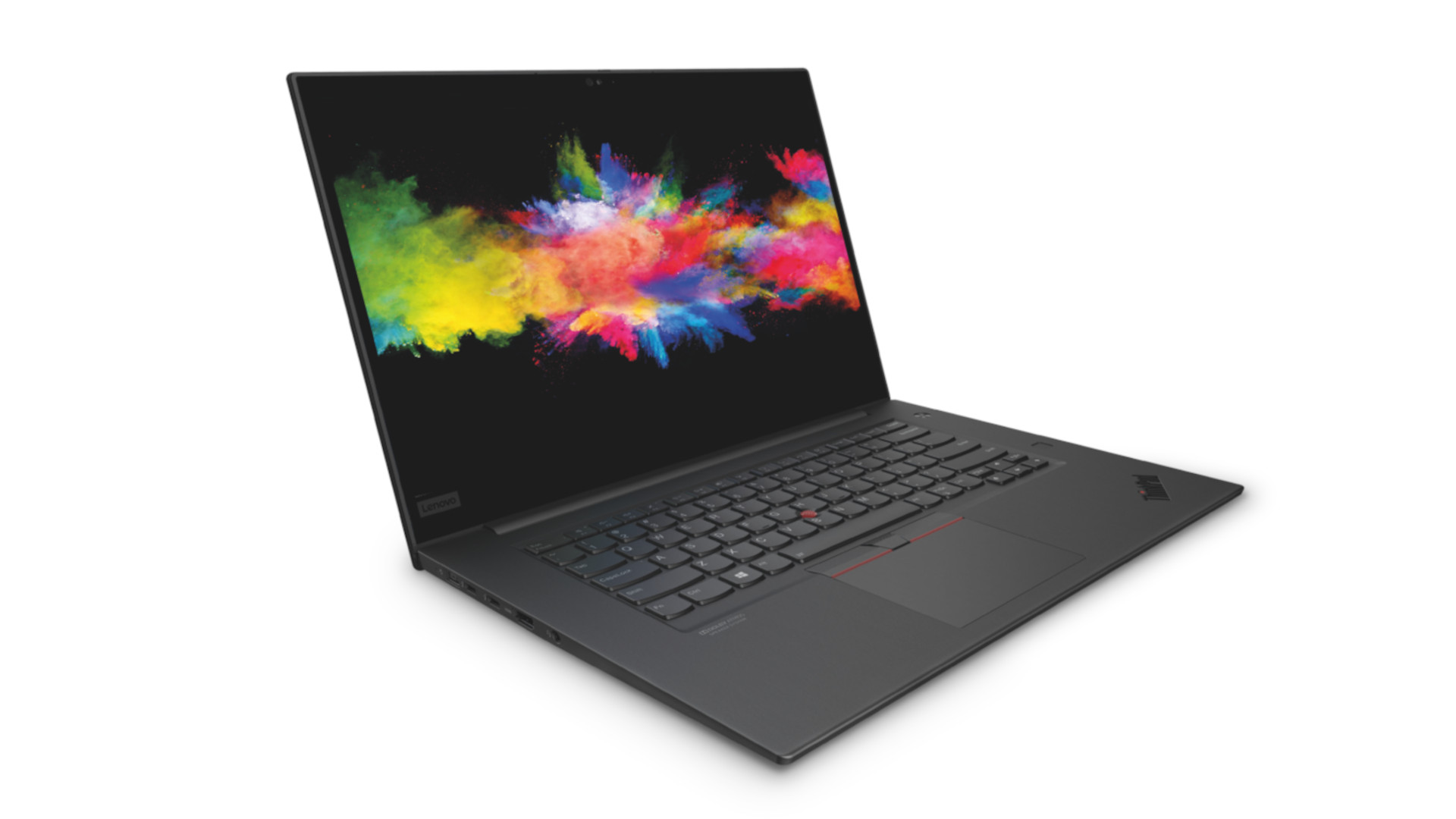 The Lenovo ThinkPad P1 displaying a colorful explosion against a white backdrop
