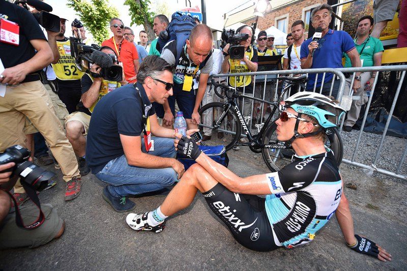 Tony Martin with reporters after the stage