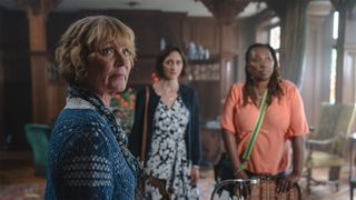 The three members of the Marlow Murder Club, from left, Samantha Bond as Judith, Cara Horgan as Becks and Jo Martin as Suzie