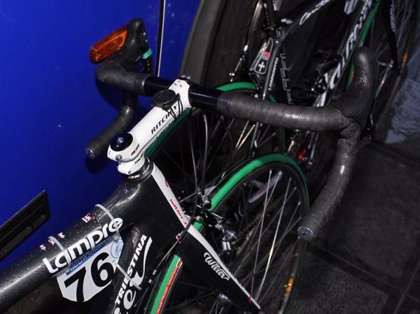 Double-wrapped bars on this Lampre-Farnese Vini bike provide a little extra padding on the cobbles.