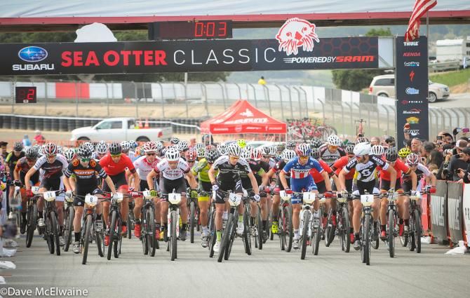 Elite men's start on the race track at Laguna Seca for the Sea Otter Classic