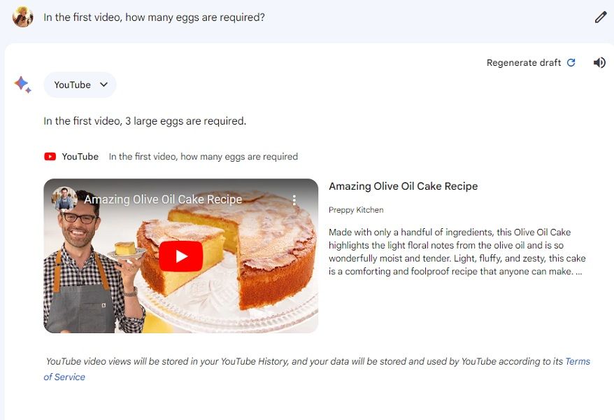 Asking a follow-up question to Bard about a YouTube video.