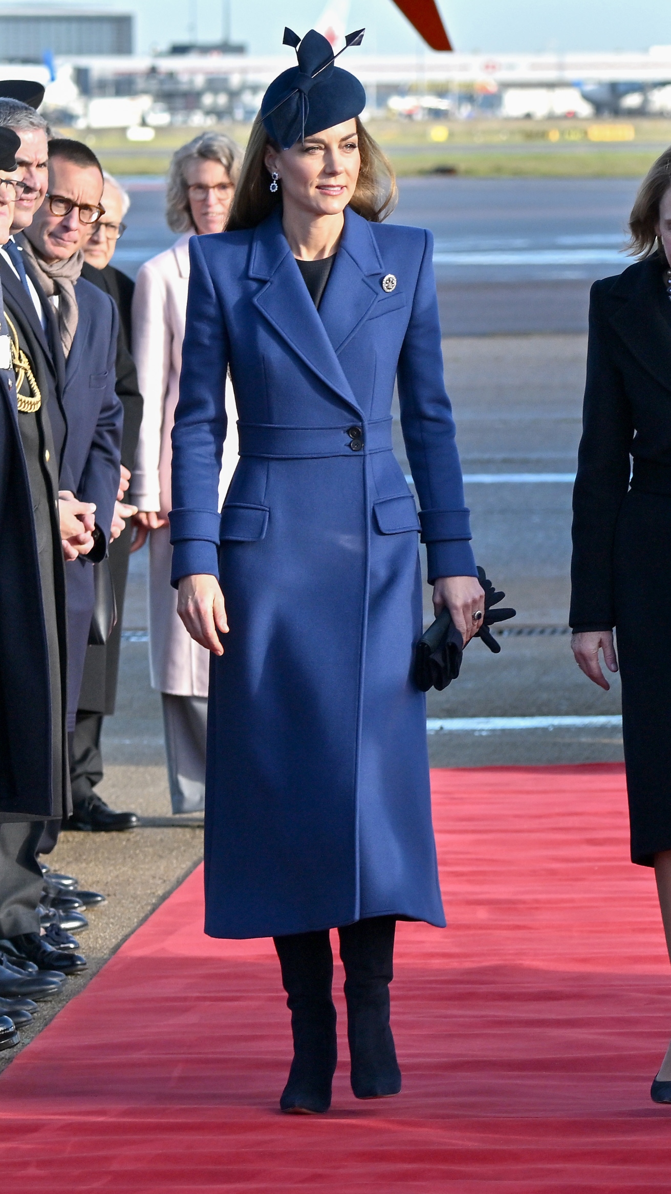 Catherine, Princess of Wales speaks with the President of the Federal Republic of Germany Frank-Walter Steinmeier and his wife Elke B&amp;uuml;denbender (off camera) as they arrive at Heathrow Airport on December 03, 2025