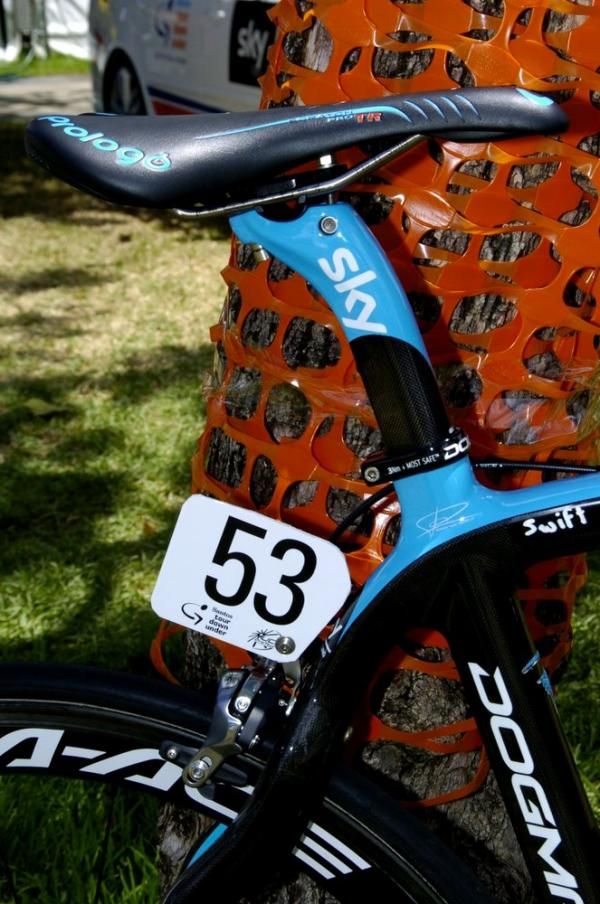 The Pinarello MOST seat post wears the name of big-dollar backer Sky, one of Rupert Murdoch's media companies.