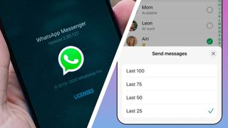 WhatsApp running on a smartphone next to a smartphone with the Group Message History tool