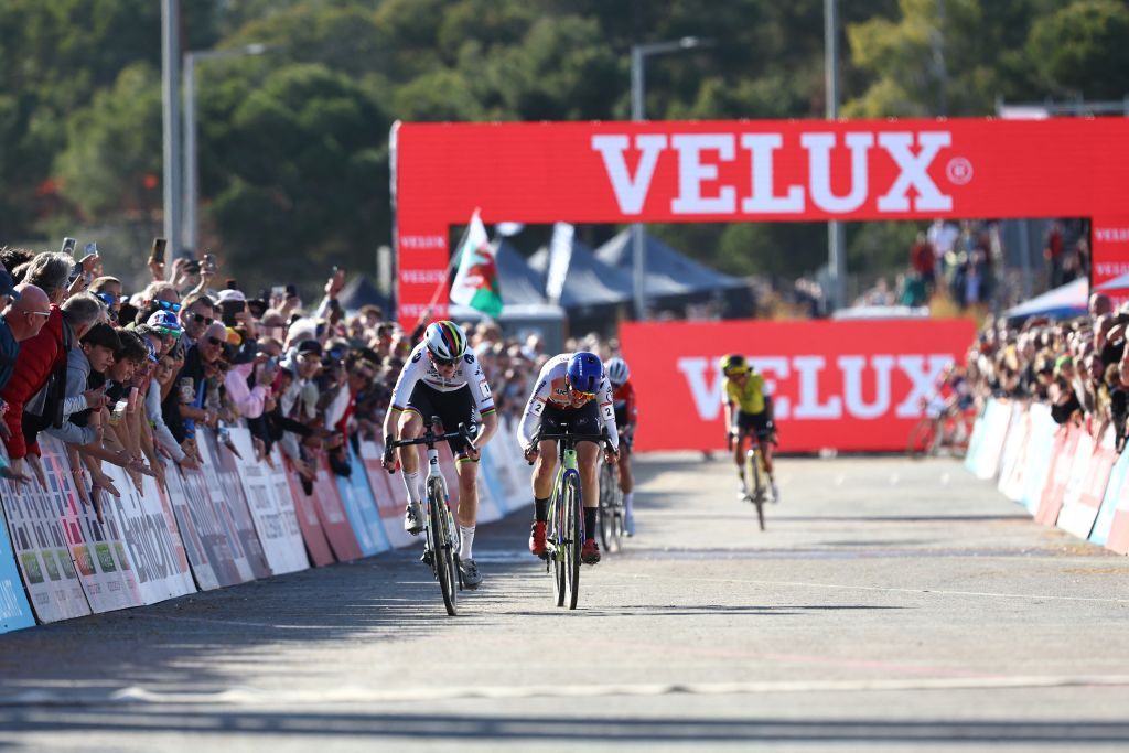 Dutch Fem Van Empel pictured as she crosses the finish line of the women's elite race at the cyclocross cycling event in Benidorm, Spain, , stage 12/14 in the UCI World Cup competition.
BELGA PHOTO DAVID PINTENS (Photo by DAVID PINTENS / BELGA MAG / Belga via AFP)