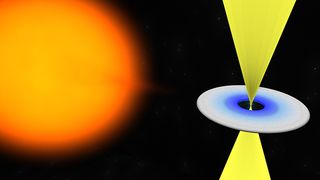 This artist's impression shows a neutron star and its companion when the accretion has stopped and the neutron star is emitting radio pulses. Image released Sept. 25, 2013.