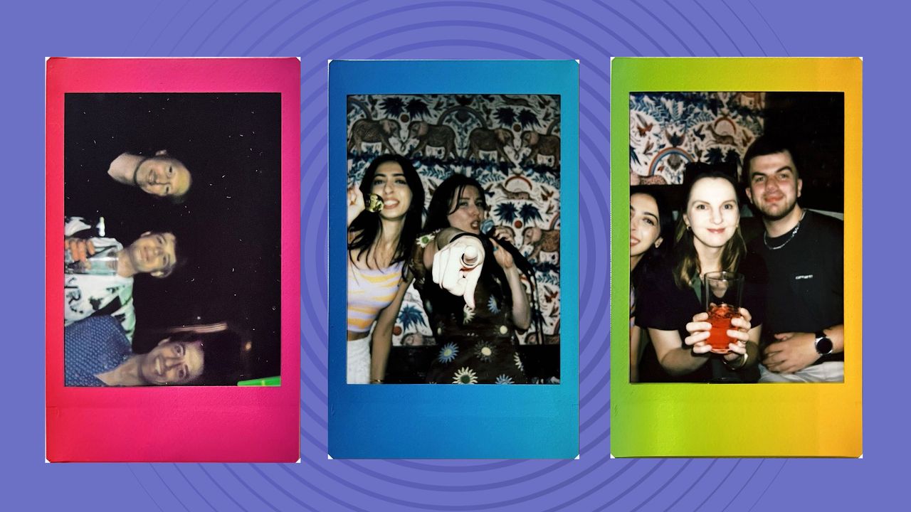 Three Instax mini film prints side by side on a purple background