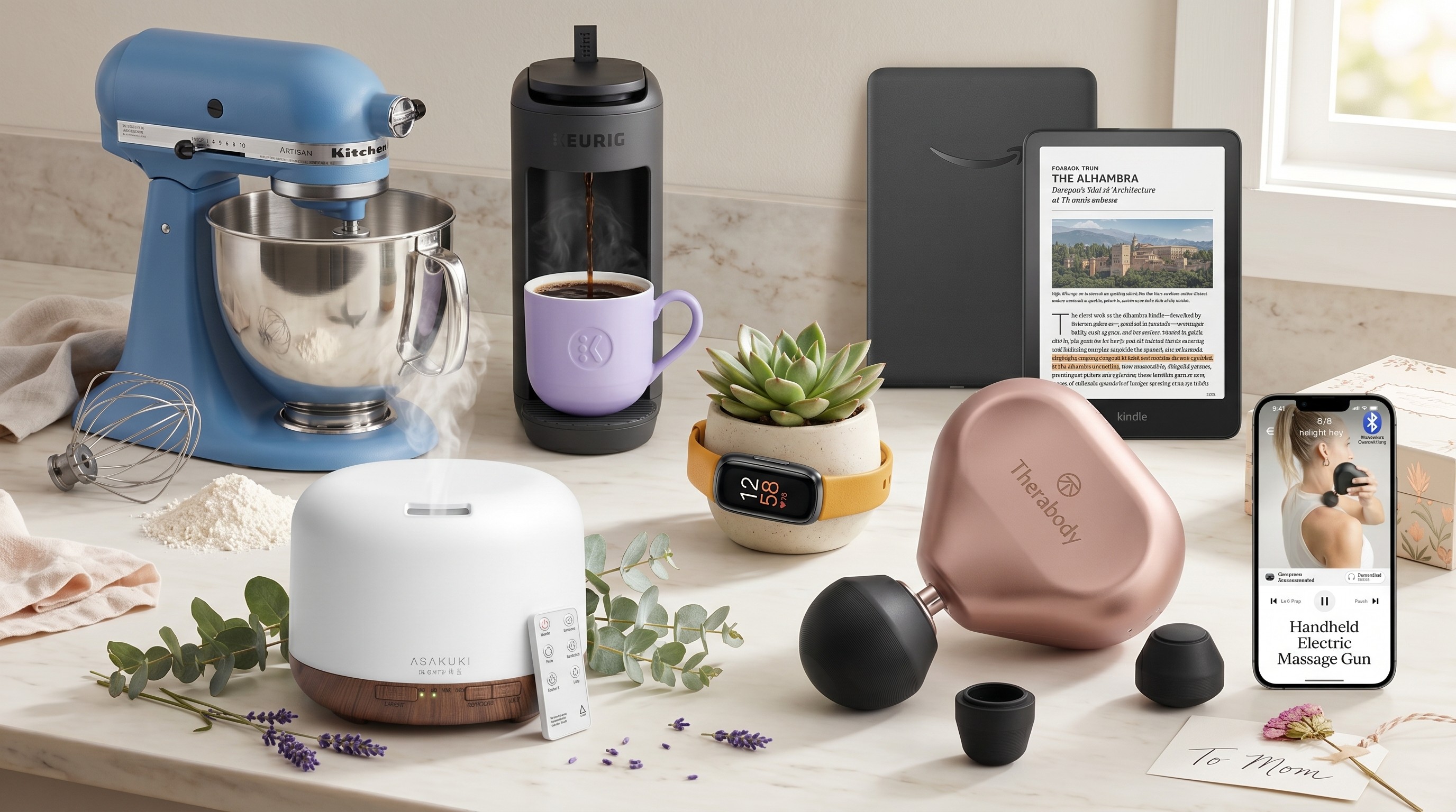 Assorted home tech arrayed on a kitchen top