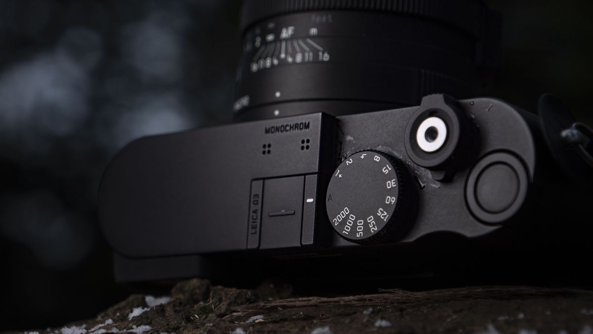 Leica Q3 Monochrom compact camera outside on a snow-dusted log