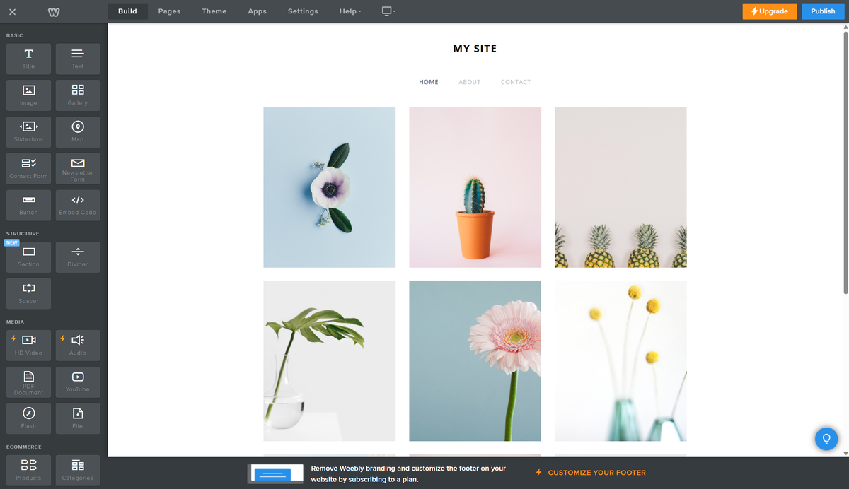 Screenshot of Weebly website editor with a sample website and tools dashboard to the left of the screen.