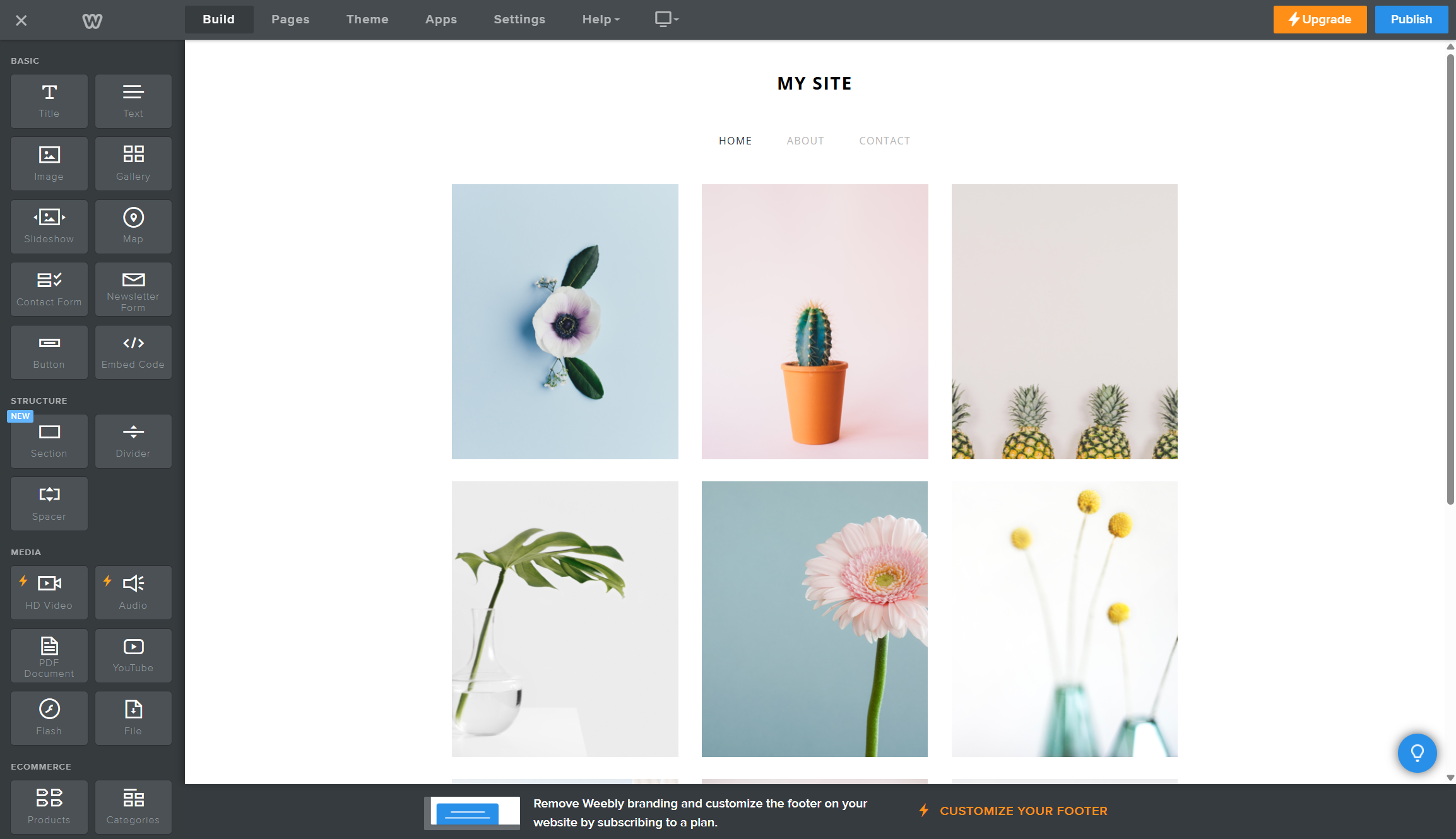 Screenshot of Weebly website editor with a sample website and tools dashboard to the left of the screen.