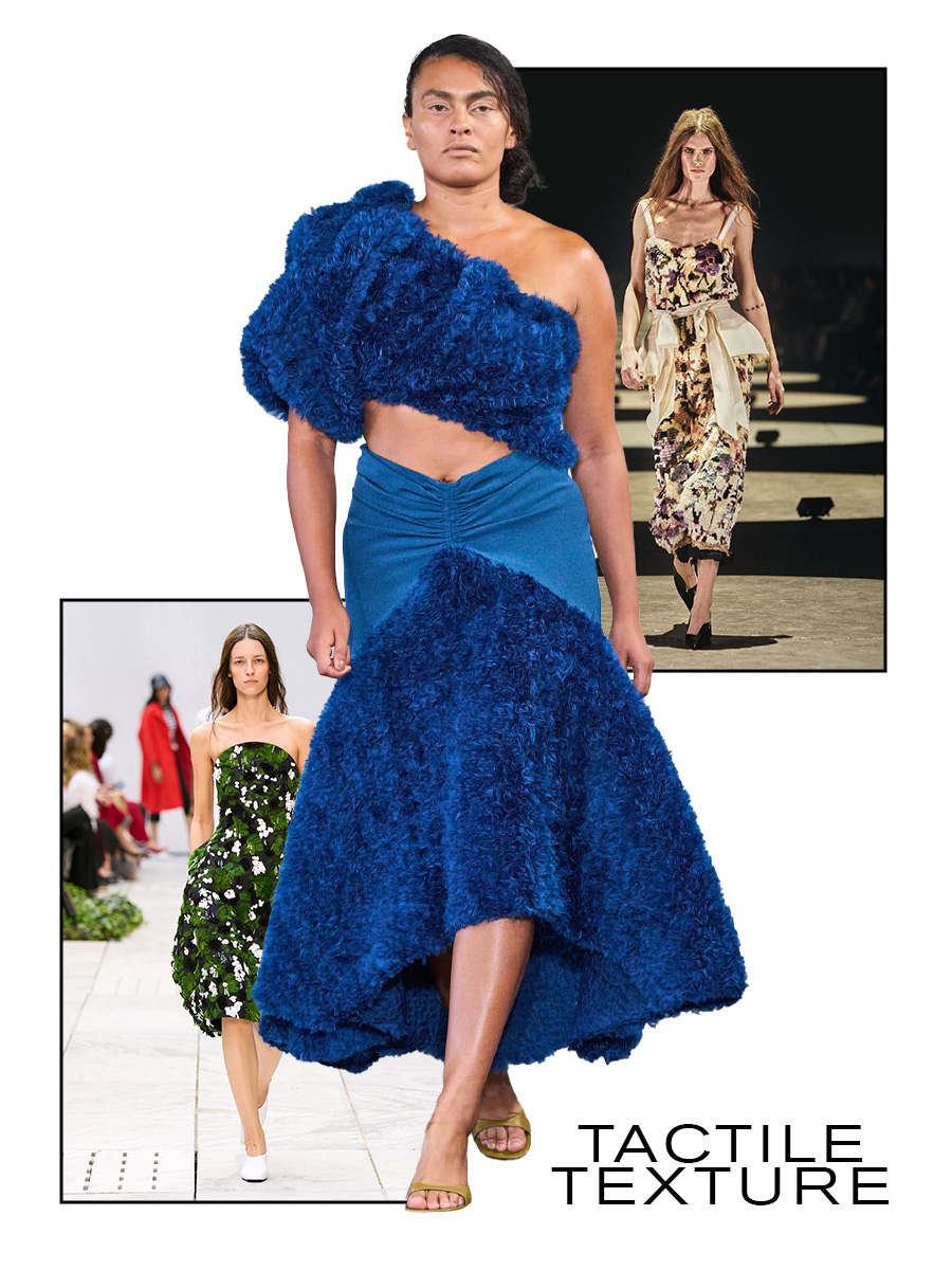 New York Fashion Week spring/summer 2027 runway models wearing tactile textured clothing.
