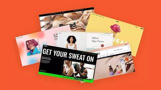 Best website builder for small business - Some cut outs of various Wix page templates on an orange background. 