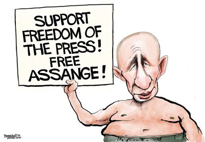 Political Cartoon U.S. Trump Julian Assange Wiki Leaks