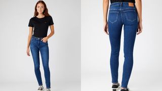 composite of model wearing blue wrangler skinny jeans from the front and back