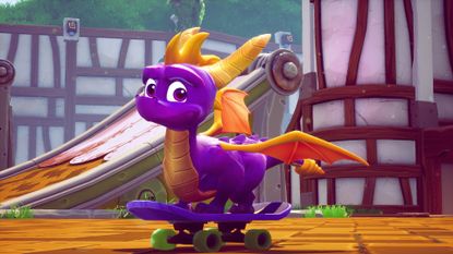 Spyro stands on a skateboard in the Reignited Trilogy.