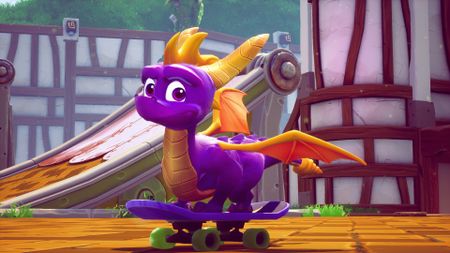Spyro stands on a skateboard in the Reignited Trilogy.