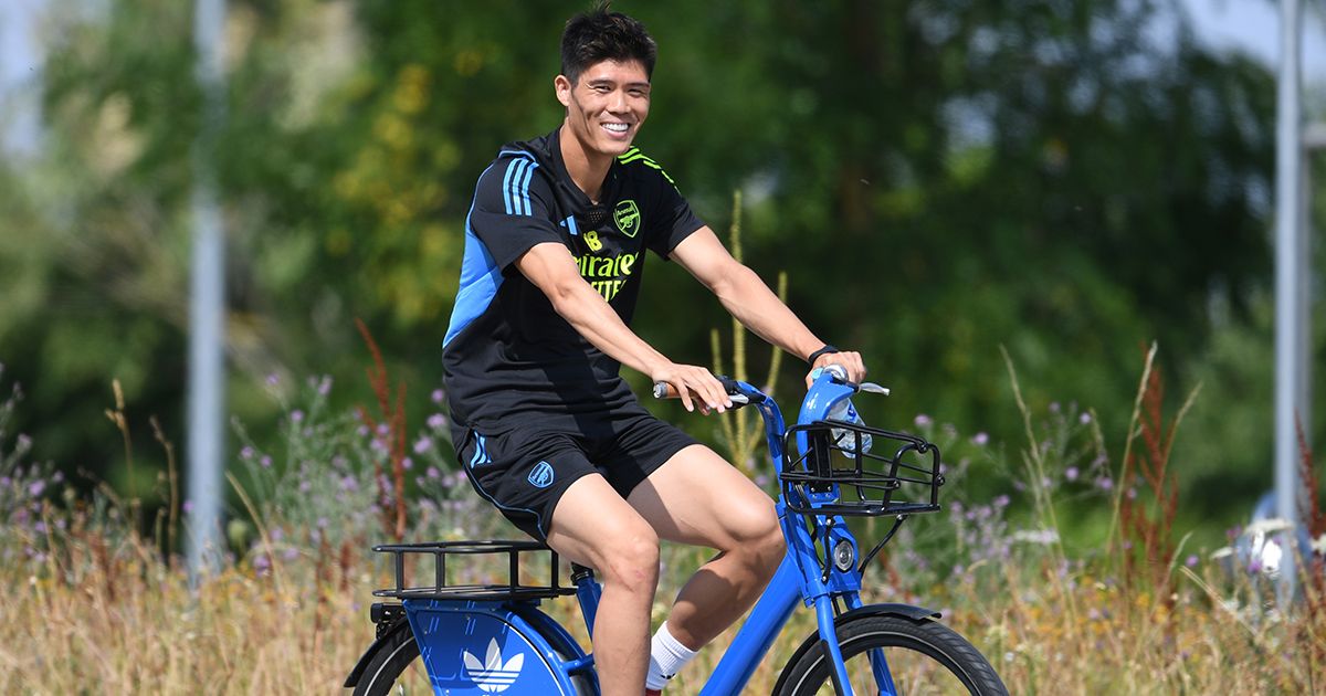 Arsenal star Takeihro Tomiyasu before a training session on July 11, 2023 in Herzogenaurach, Germany.