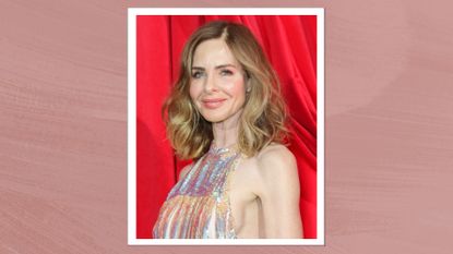 Image of Trinny Woodall smiling with curly highlighted brunette long bob and wearing an iridescent halterneck gown, on a mauve background