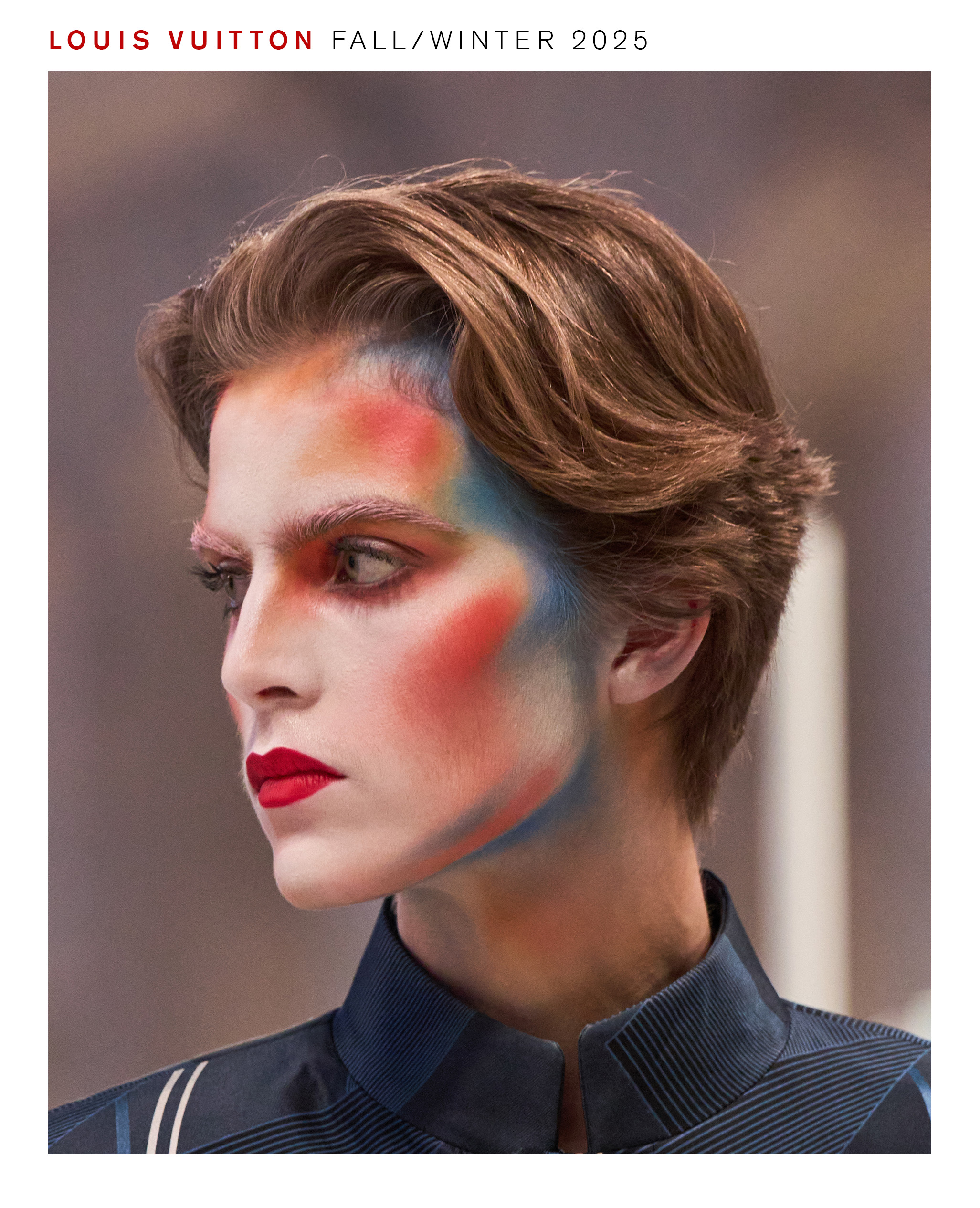 Model wearing Pat McGrath makeup look for Louis Vuitton fall/winter 2025 show.
