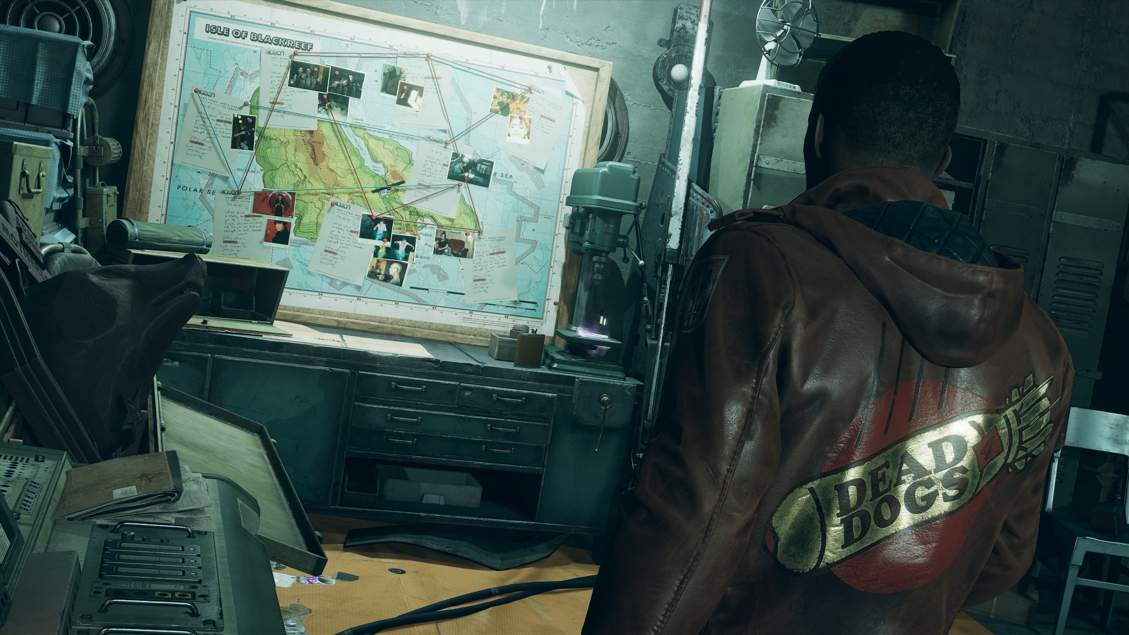 Deathloop Colt looking at a map of Blackreef