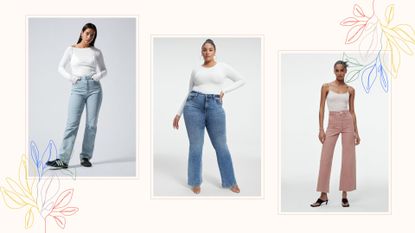 composite of three models wearing the best high waisted jeans from Weekday, Good American, Zara