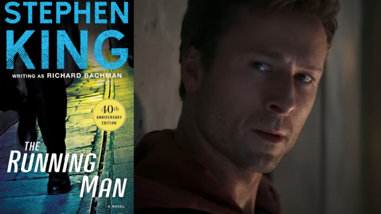 The Running Man novel and still of Glen Powell in 2025 movie