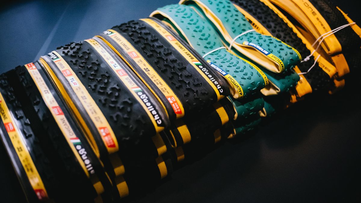 A close up of a bunch of Challenge cyclocross tyres