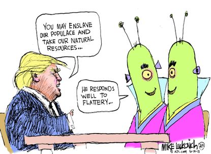 Political Cartoon U.S. Kim Jong Un Trump North Korea Singapore nuclear summit aliens flattery