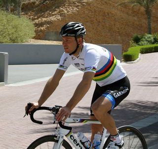 Thor Hushovd (Garmin-Cervelo) in his classic looking rainbow jersey.