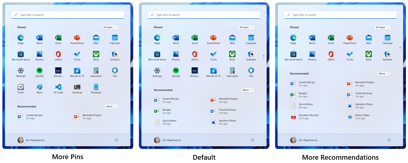 Windows 11 Start menu with variants of more pins/less recommendations or less pins/more recommendations shown side-by-side
