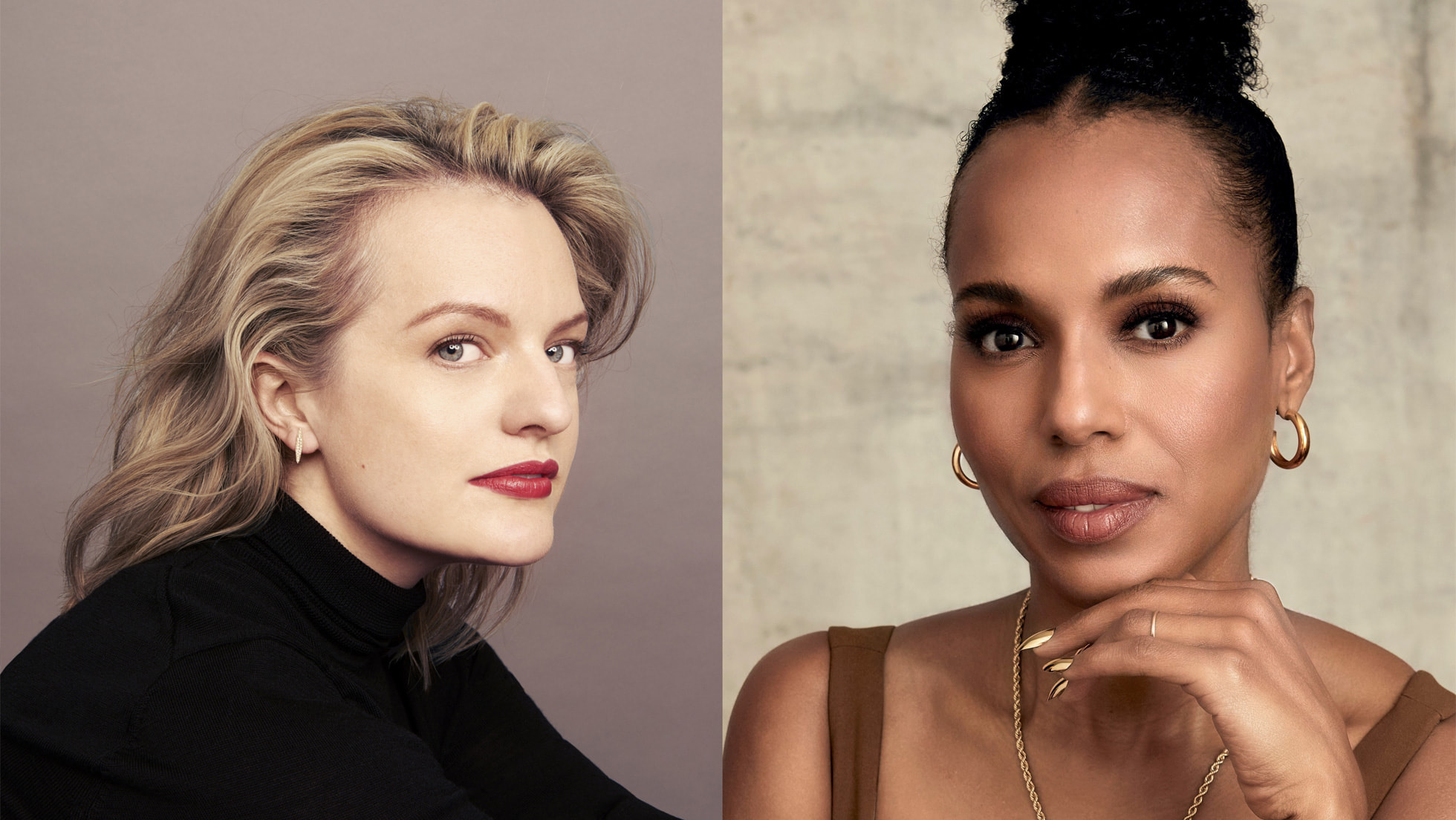 Headshots of Elizabeth Moss and Kerry Washington, press images for upcoming Apple TV+ series Imperfect Women