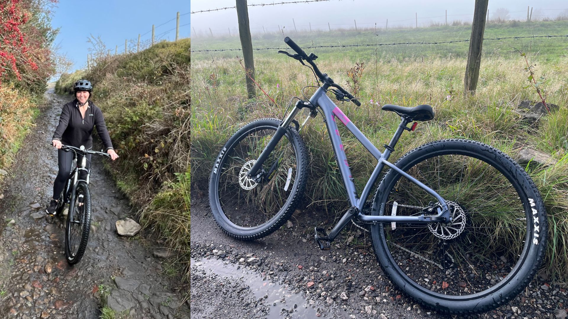 Susan Griffin mountain biking through the Pennines next to bike resting on the trail