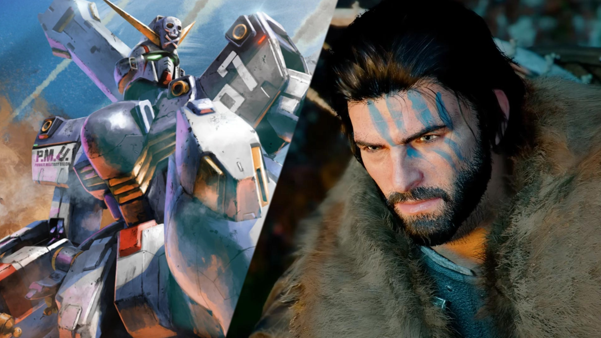 A Mobile Suit Gundam Battle Operation 2 illustration of the Crossbone Gundam paired with an image of Kliff from Crimson Desert.