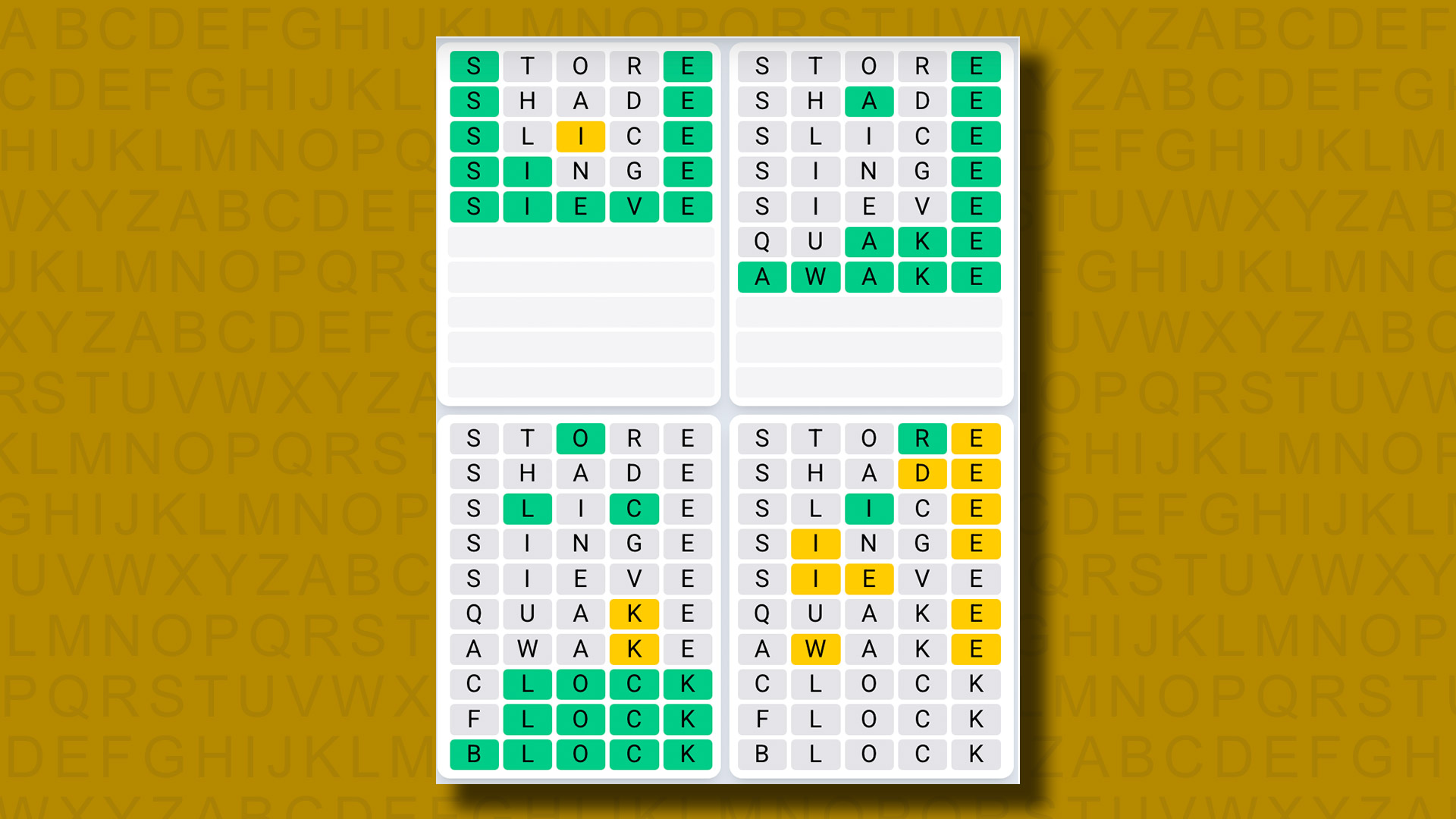 Quordle Daily Sequence answers for game 1152 on a yellow background