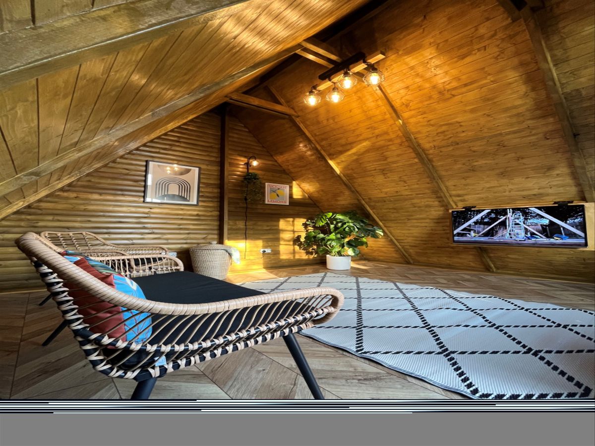 The interior of the chalet shows lighting fixtures above with a woven sofa chair and tv installed into the wall as well as small carpet covering a section of the wooden flooring