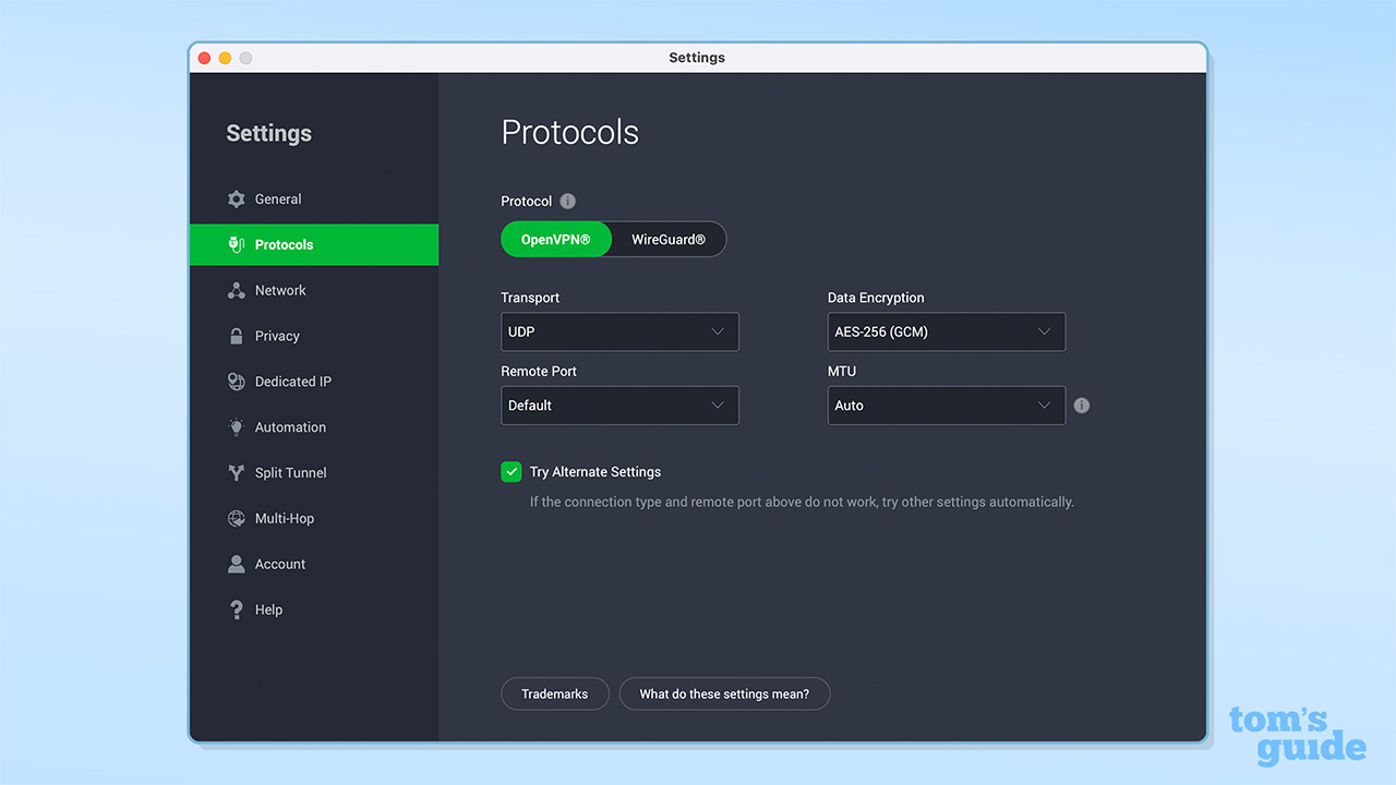 PIA&#039;s settings showing Protocol settings