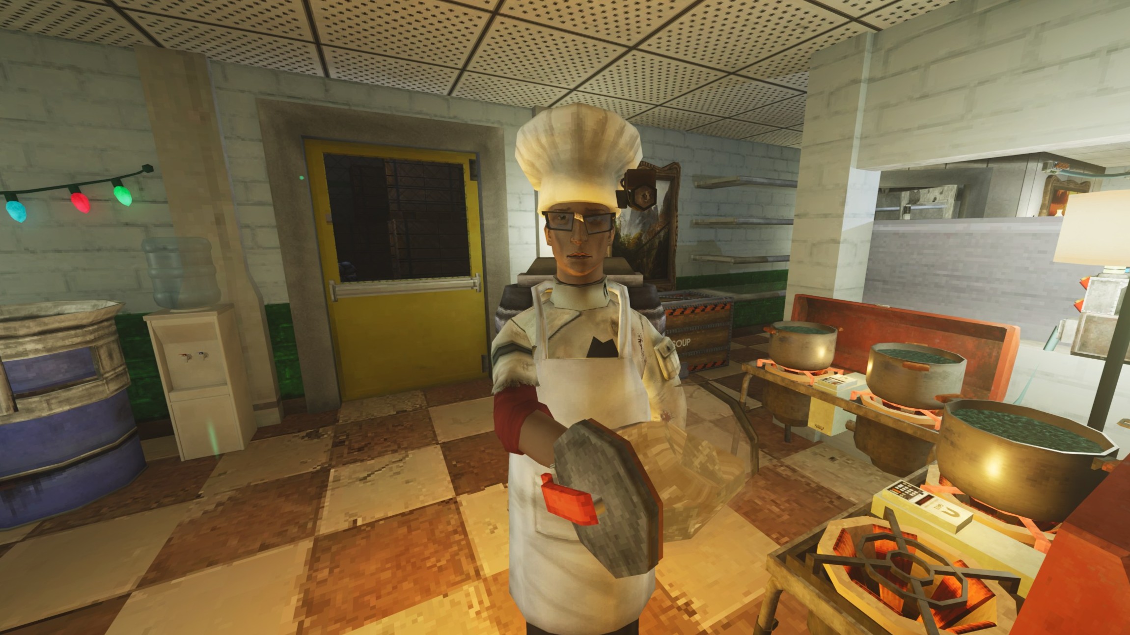 An Abiotic Factor player character wearing a chef hat and holding a pot of soup