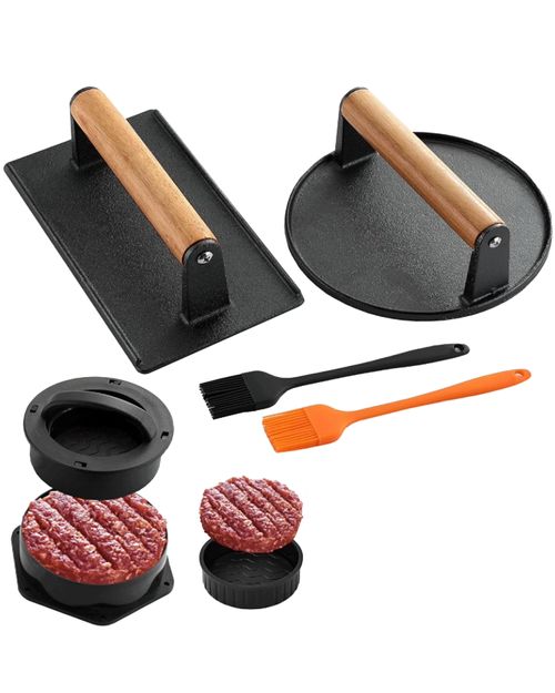 Round and Rectangle Cast Iron burger press, with silicone brush 