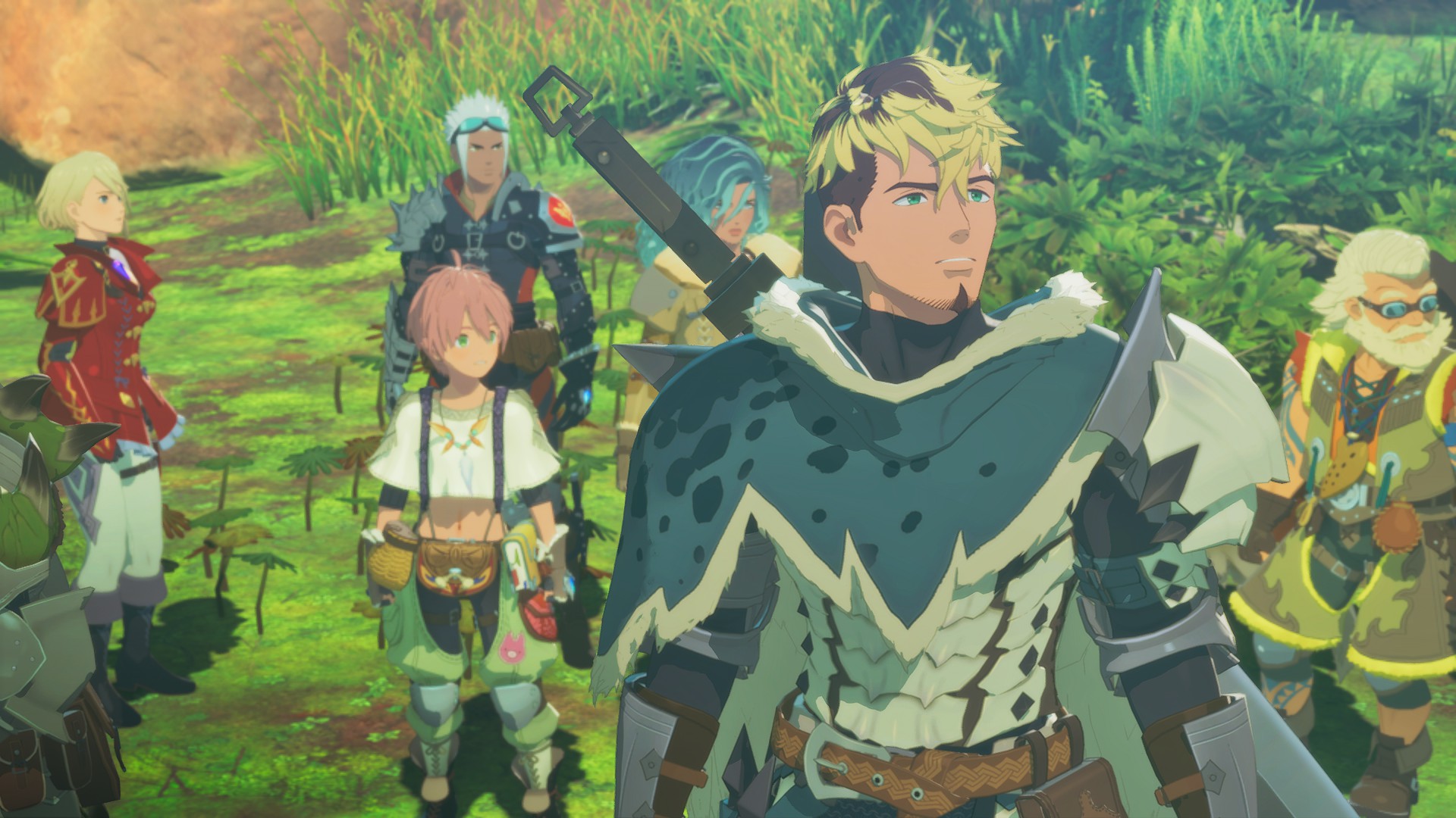 The rangers and a hunter during a cutscene in Monster Hunter Stories 3.