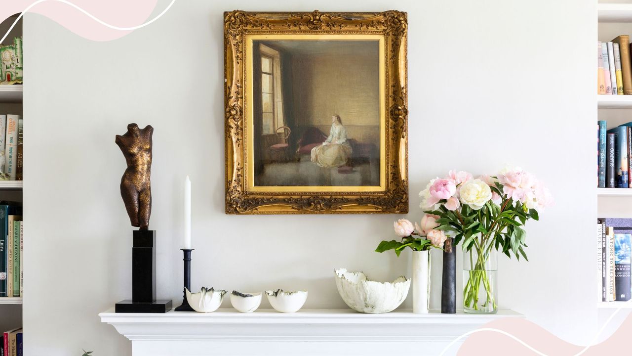  picture of mantelpiece with peonies and various accessories on it to demonstrate Kelly Hoppen&#039;s flower styling tips 