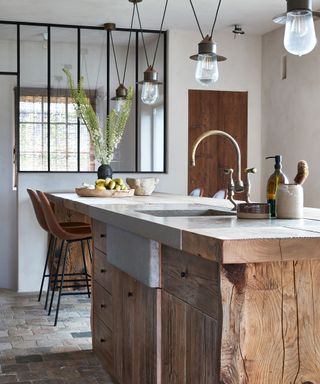 Budget kitchen with reclaimed wood cabinet and island